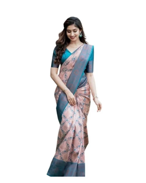 Generic Women's Soft Lichi Silk Printed Saree With Unstitched Blouse 5.5Mtr (Multicolor)