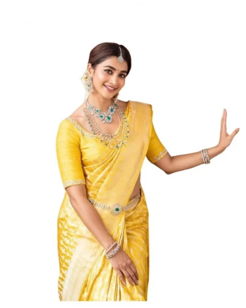 Generic Women's Soft Lichi Silk Printed Saree With Unstitched Blouse 5.5Mtr (Yellow)