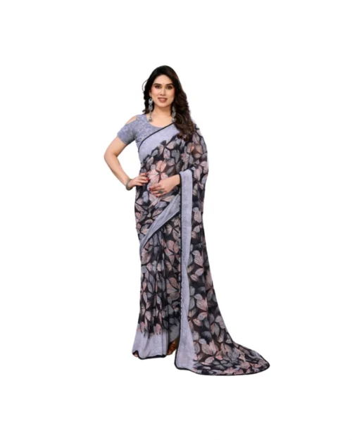 Generic Women's Chiffon Printed Saree With Unstitched Blouse 5.5Mtr (Grey)