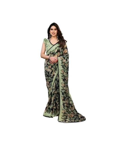Generic Women's Chiffon Printed Saree With Unstitched Blouse 5.5Mtr (Green)