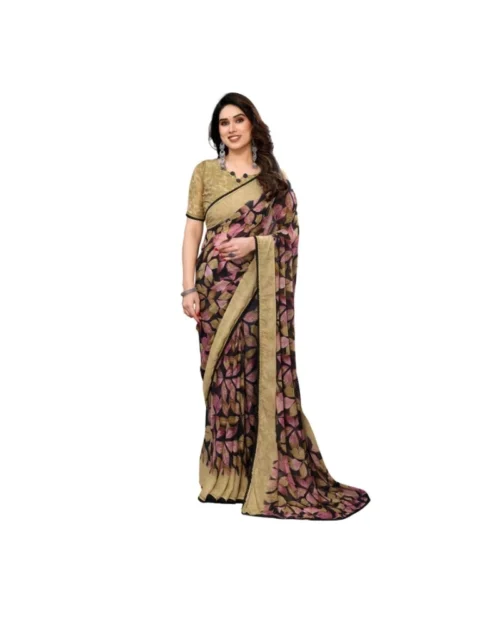 Generic Women's Chiffon Printed Saree With Unstitched Blouse 5.5Mtr (Beige)