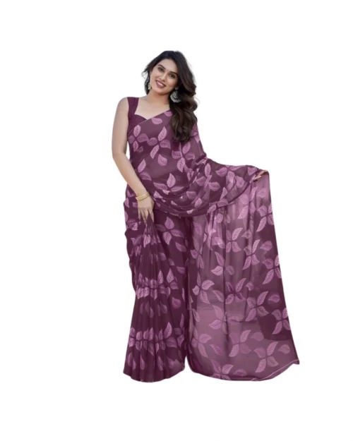 Generic Women's Chiffon Printed Saree With Unstitched Blouse 5.5Mtr (Purple)