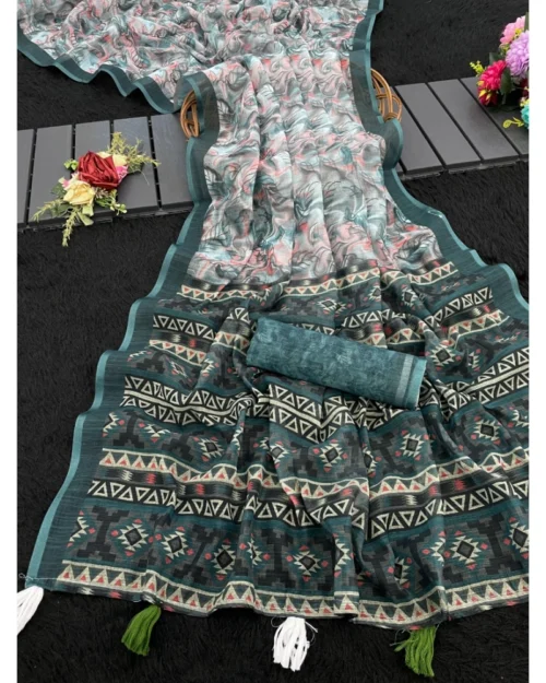 Generic Women's Linen Cotton  Printed Saree With Unstitched Blouse 5.5Mtr (Blue)