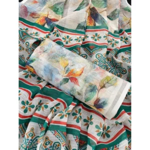 Generic Women's Linen Cotton  Printed Saree With Unstitched Blouse 5.5Mtr (Green)