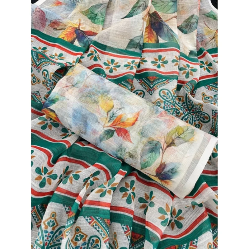 Generic Women's Linen Cotton  Printed Saree With Unstitched Blouse 5.5Mtr (Green)