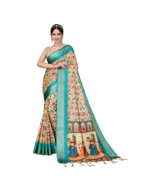Generic Women's Cotton Silk  Printed Saree With Unstitched Blouse 5.5Mtr (Sky Blue)