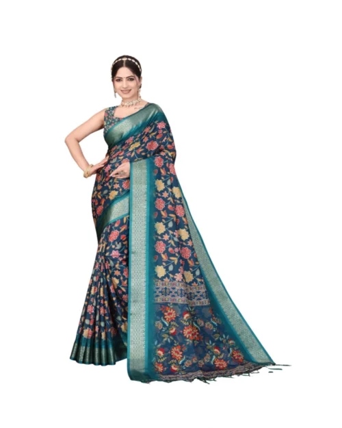 Generic Women's Cotton Silk  Printed Saree With Unstitched Blouse 5.5Mtr (Blue)