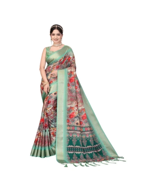 Generic Women's Cotton Silk  Printed Saree With Unstitched Blouse 5.5Mtr (Light Green)