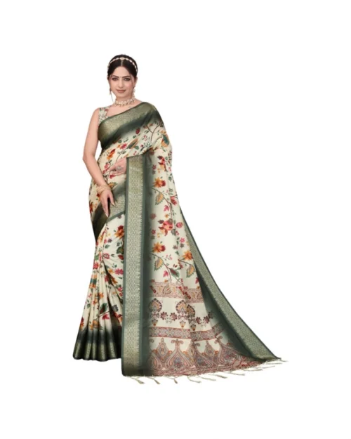 Generic Women's Cotton Silk  Printed Saree With Unstitched Blouse 5.5Mtr (Green)
