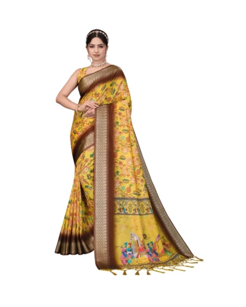 Generic Women's Cotton Silk  Printed Saree With Unstitched Blouse 5.5Mtr (Yellow)