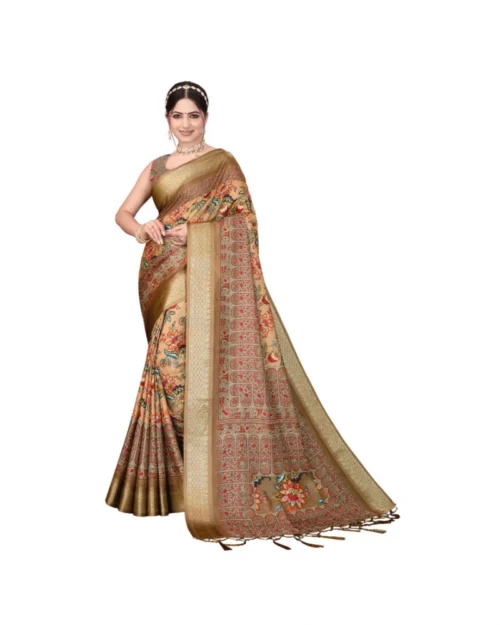 Generic Women's Cotton Silk  Printed Saree With Unstitched Blouse 5.5Mtr (Peach)