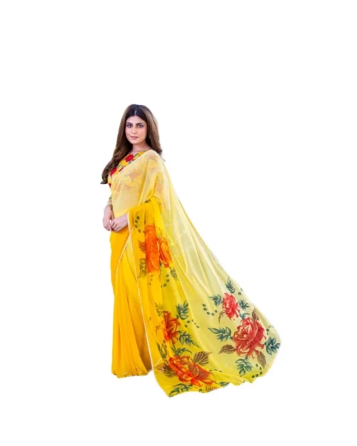 Generic Women's Georgette  Printed Saree With Unstitched Blouse 5.5Mtr (Yellow)