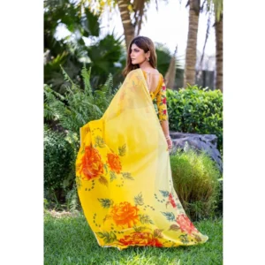 Generic Women's Georgette  Printed Saree With Unstitched Blouse 5.5Mtr (Yellow)