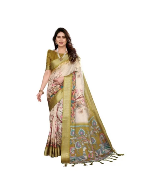 Generic Women's Cotton Silk  Printed Saree With Unstitched Blouse 5.5Mtr (Olive Green)