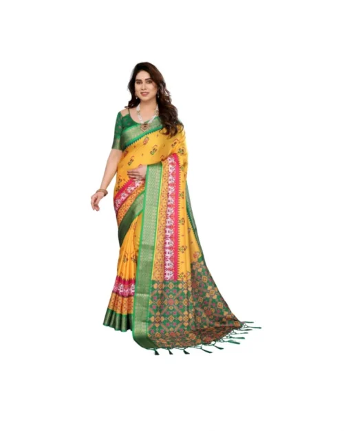 Generic Women's Cotton Silk  Printed Saree With Unstitched Blouse 5.5Mtr (Yellow)