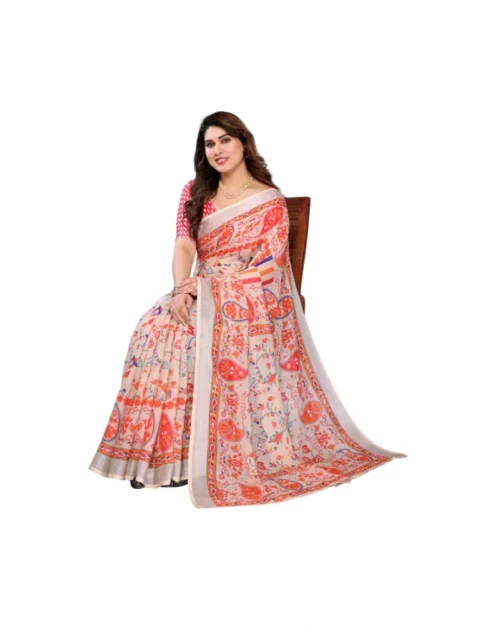 Generic Women's Linen Cotton  Printed Saree With Unstitched Blouse 5.5Mtr (Orange )