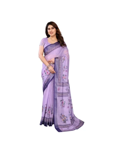 Generic Women's Linen Cotton  Printed Saree With Unstitched Blouse 5.5Mtr (Purple)