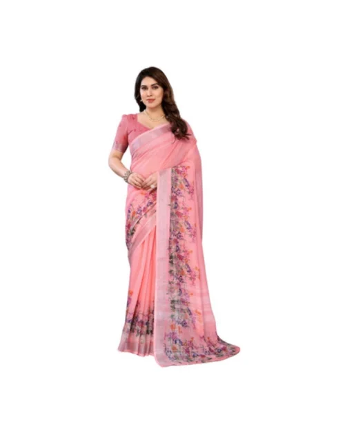 Generic Women's Linen Cotton  Printed Saree With Unstitched Blouse 5.5Mtr (Peach)