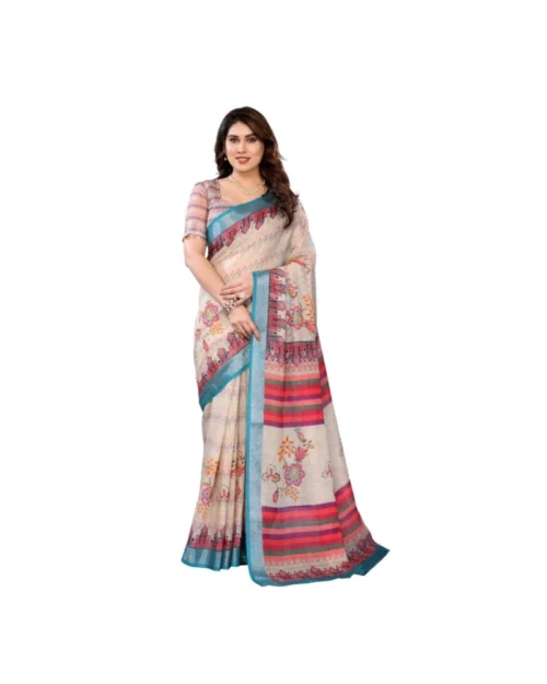 Generic Women's Linen Cotton  Printed Saree With Unstitched Blouse 5.5Mtr (Cream)