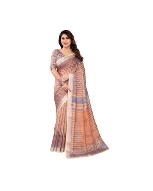 Generic Women's Linen Cotton  Printed Saree With Unstitched Blouse 5.5Mtr (Brown)