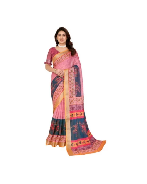 Generic Women's Linen Cotton  Printed Saree With Unstitched Blouse 5.5Mtr (Pink)