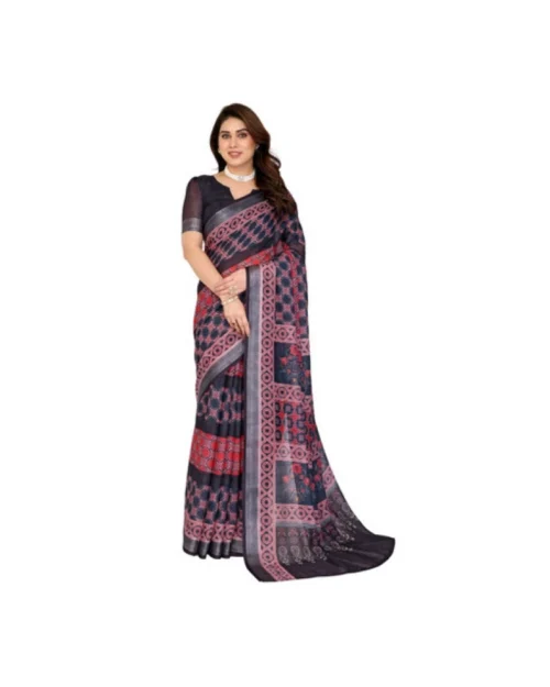 Generic Women's Linen Cotton  Printed Saree With Unstitched Blouse 5.5Mtr (Black)