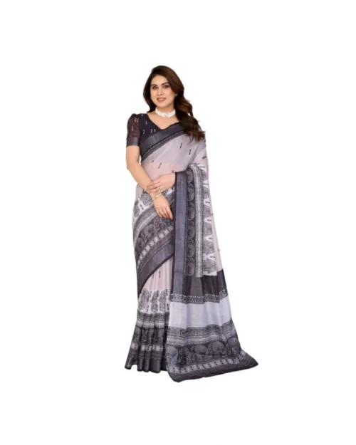 Generic Women's Linen Cotton  Printed Saree With Unstitched Blouse 5.5Mtr (White & Black)