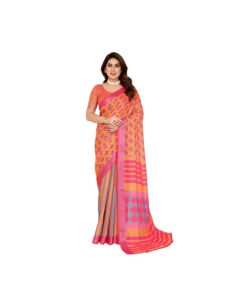 Generic Women's Linen Cotton  Printed Saree With Unstitched Blouse 5.5Mtr (Orange )