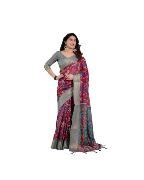 Generic Women's Linen  Printed Saree With Unstitched Blouse 5.5Mtr (Purple)