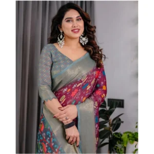 Generic Women's Linen  Printed Saree With Unstitched Blouse 5.5Mtr (Purple)