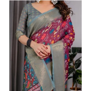 Generic Women's Linen  Printed Saree With Unstitched Blouse 5.5Mtr (Purple)