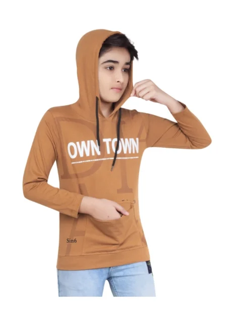Generic Boy's Cotton Printeded Hooded Neck Hoodies (Brown)