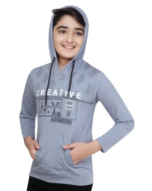 Generic Boy's Cotton Printeded Hooded Neck Hoodies (Steel Blue)