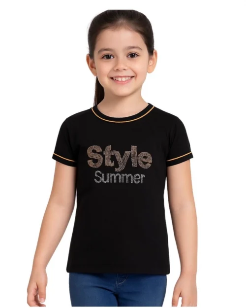 Generic Girl's Cotton Printeded Round Neck T-Shirt (Black)