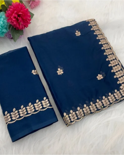 Generic Women's Georgette Embroidered Saree With Unstitched Blouse 5.5Mtr (Blue)