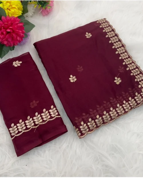 Generic Women's Georgette Embroidered Saree With Unstitched Blouse 5.5Mtr (Red)