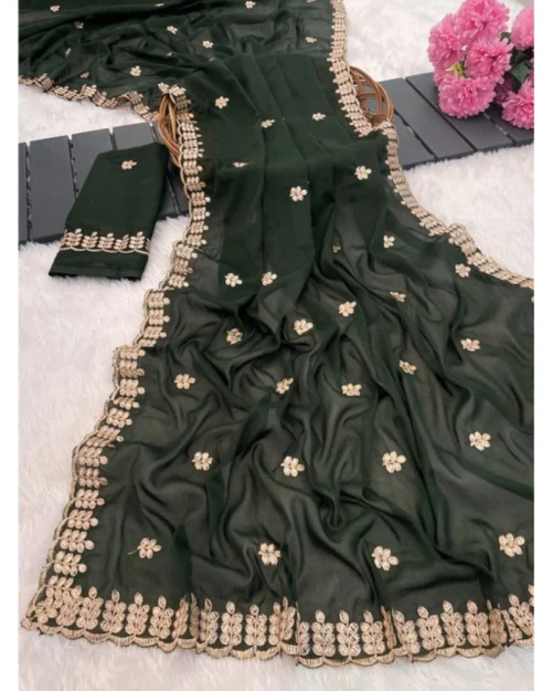 Generic Women's Georgette Embroidered Saree With Unstitched Blouse 5.5Mtr (Green)