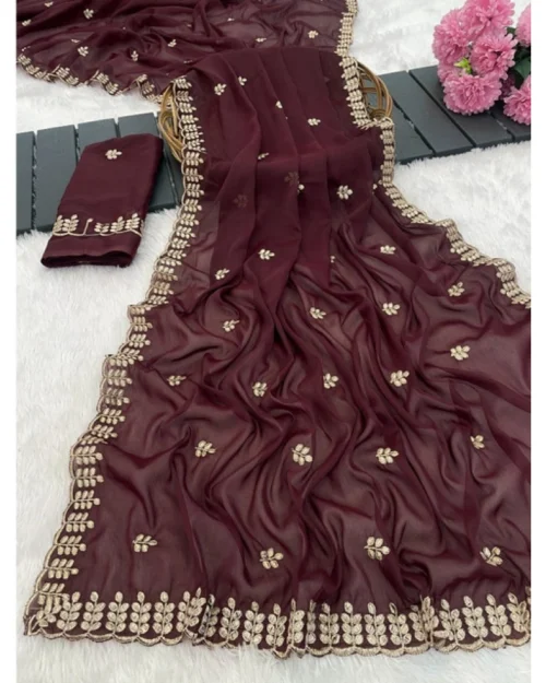 Generic Women's Georgette Embroidered Saree With Unstitched Blouse 5.5Mtr (Maroon)