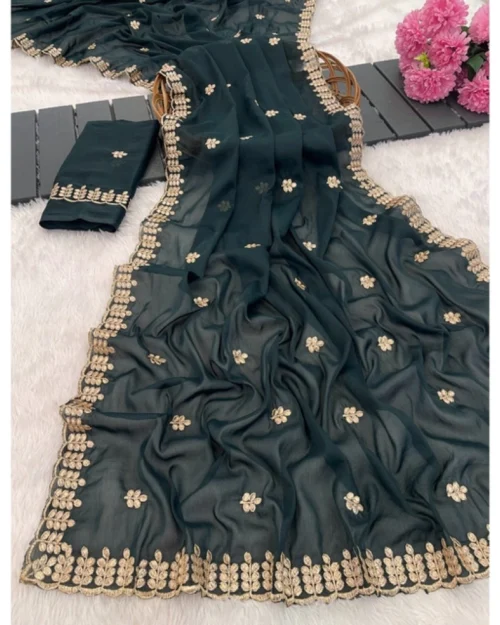Generic Women's Georgette Embroidered Saree With Unstitched Blouse 5.5Mtr (Teal)