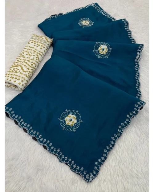 Generic Women's Chiffon Butti Dotted Saree With Unstitched Blouse 5.5Mtr (Blue)