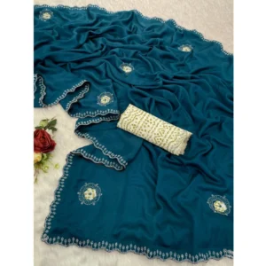 Generic Women's Chiffon Butti Dotted Saree With Unstitched Blouse 5.5Mtr (Blue)