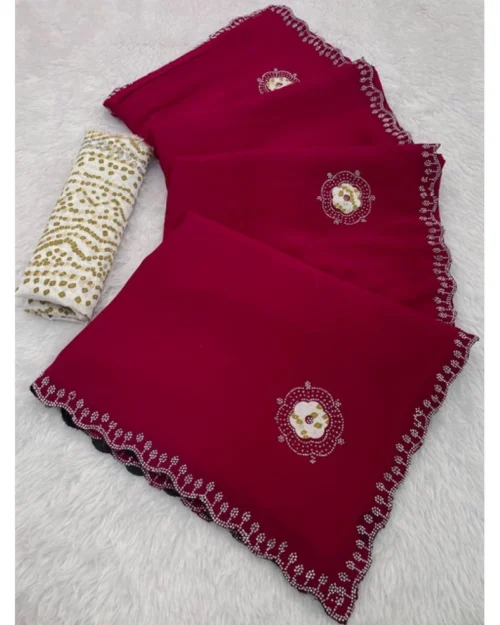Generic Women's Chiffon Butti Dotted Saree With Unstitched Blouse 5.5Mtr (Pink)