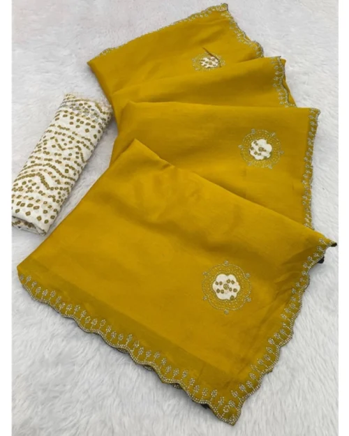 Generic Women's Chiffon Butti Dotted Saree With Unstitched Blouse 5.5Mtr (Yellow)
