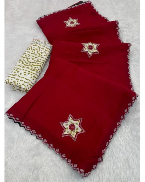 Generic Women's Chiffon Butti Dotted Saree With Unstitched Blouse 5.5Mtr (Red)