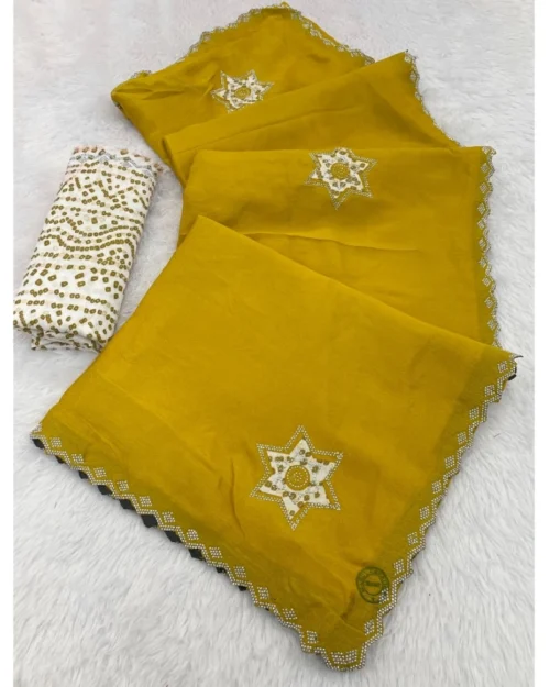 Generic Women's Chiffon Butti Dotted Saree With Unstitched Blouse 5.5Mtr (Yellow)