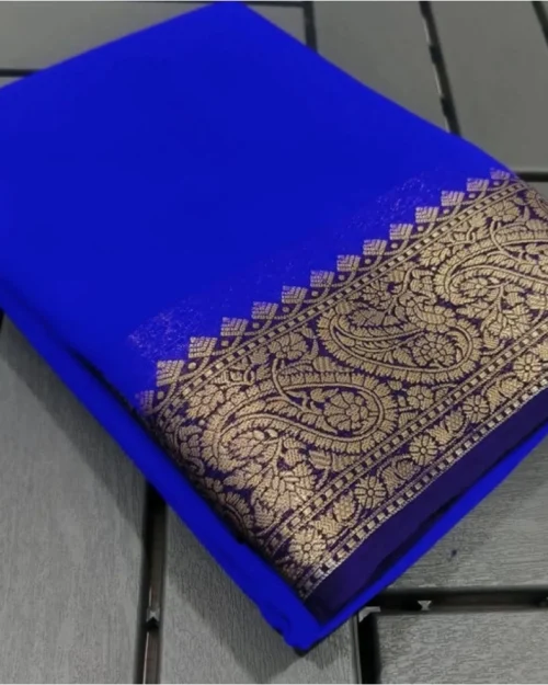 Generic Women's Crepe Chit Pallu Solid Saree With Unstitched Blouse 5.5Mtr (Navy Blue)