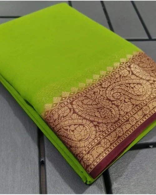 Generic Women's Crepe Chit Pallu Solid Saree With Unstitched Blouse 5.5Mtr (Green)