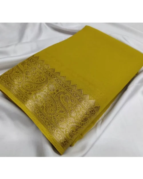 Generic Women's Crepe Chit Pallu Solid Saree With Unstitched Blouse 5.5Mtr (Mustard Yellow)