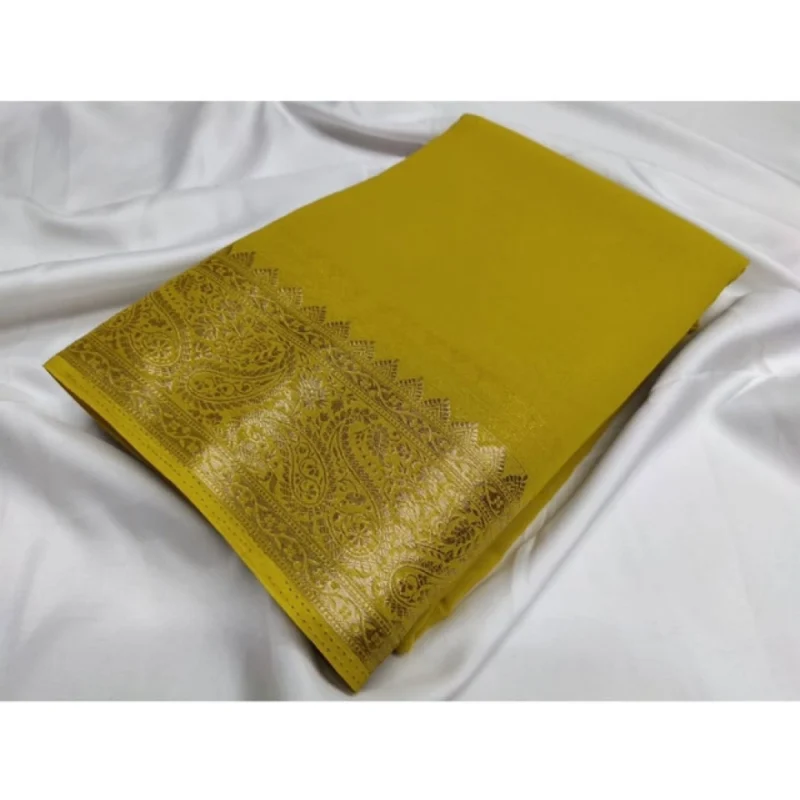 Generic Women's Crepe Chit Pallu Solid Saree With Unstitched Blouse 5.5Mtr (Mustard Yellow)
