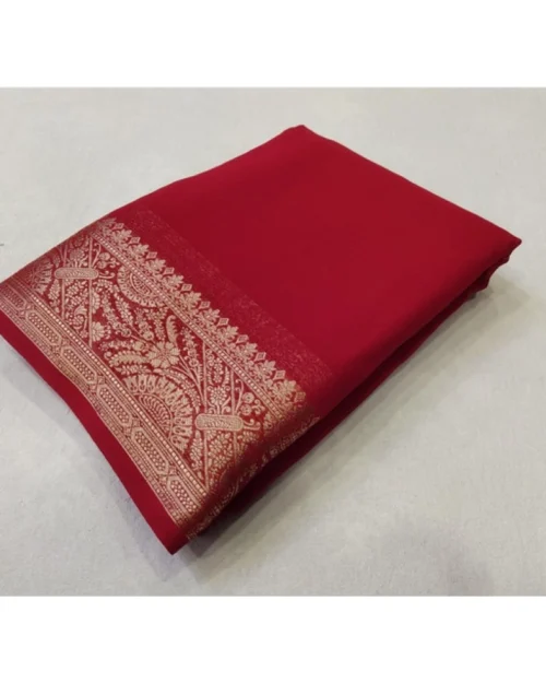 Generic Women's Crepe Chit Pallu Solid Saree With Unstitched Blouse 5.5Mtr (Red)